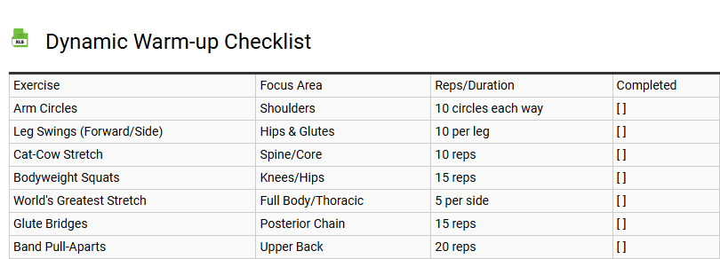 Dynamic Warm-up Checklist