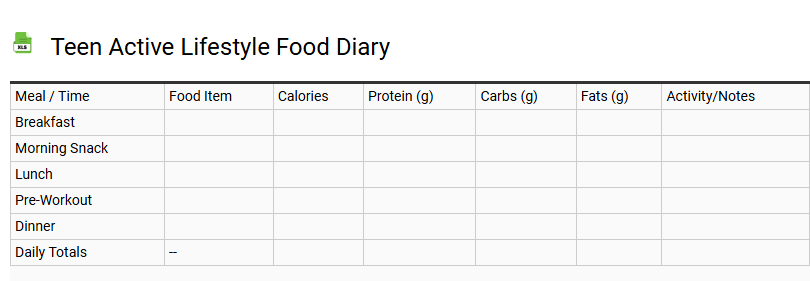 Teen Active Lifestyle Food Diary