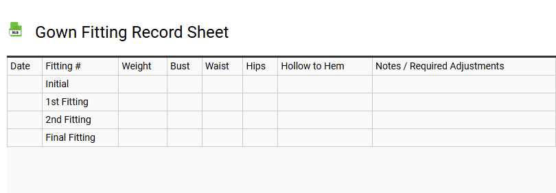Gown Fitting Record Sheet