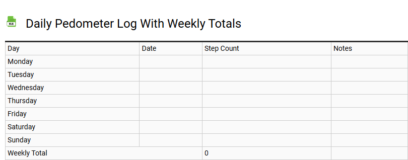 Daily Pedometer Log with Weekly Totals