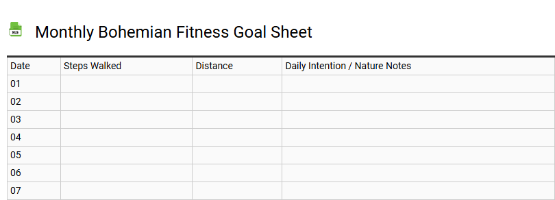 Monthly Bohemian Fitness Goal Sheet