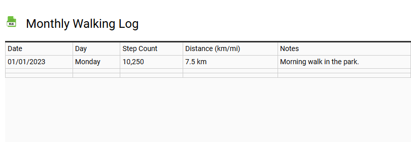 Monthly Walking Log