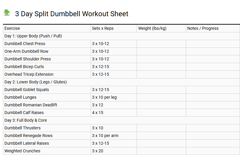 3 Day Split Dumbbell Workout Sheet