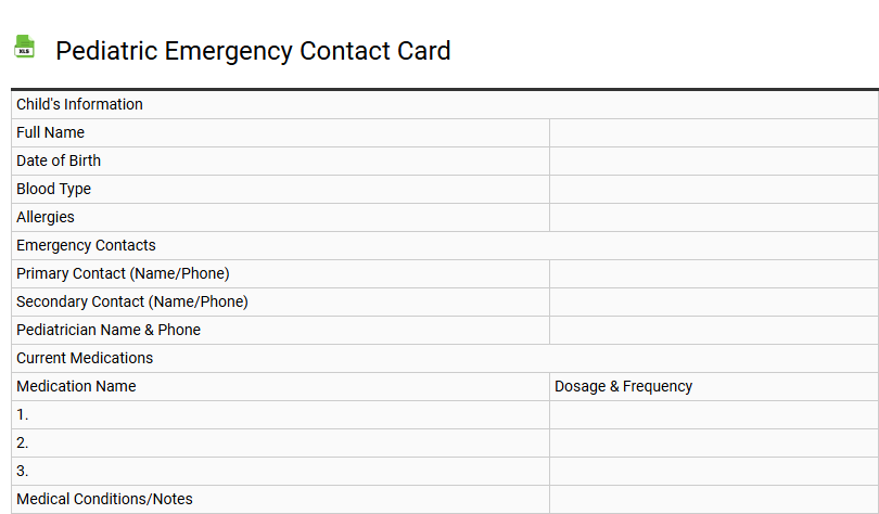 Pediatric Emergency Contact Card