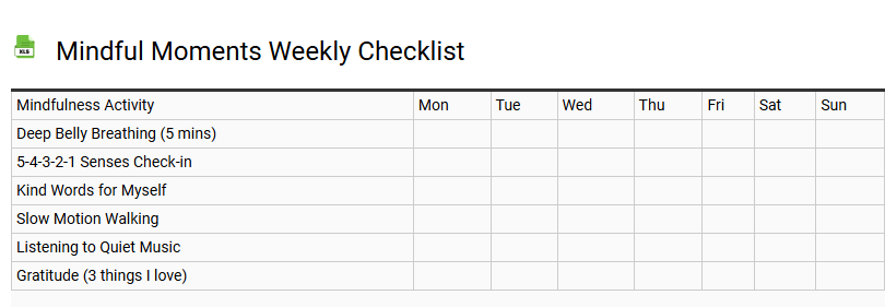 Mindful Moments Weekly Checklist