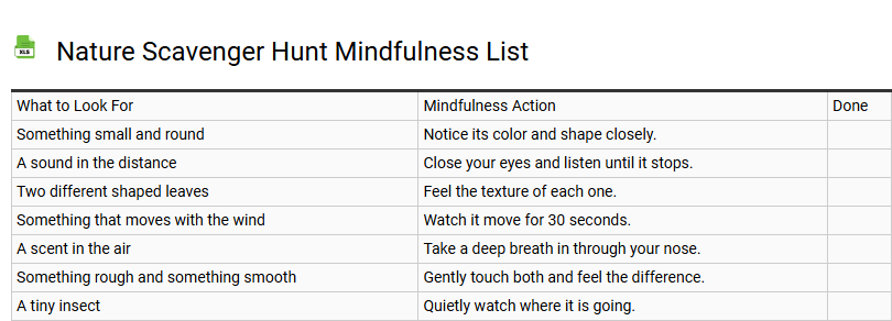 Nature Scavenger Hunt Mindfulness List