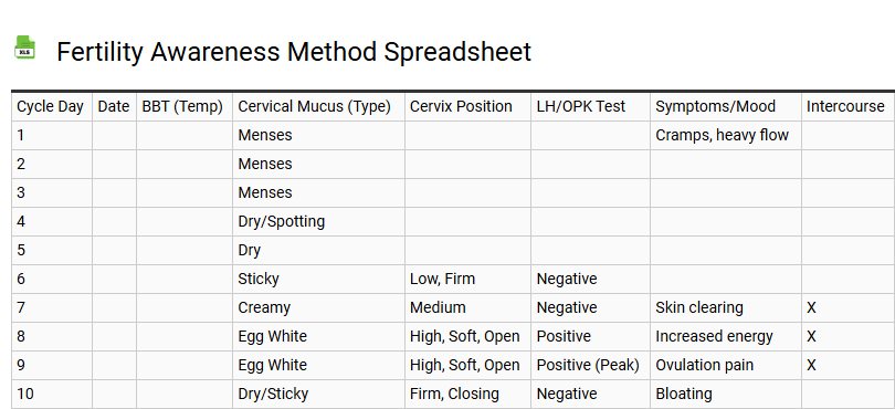 Fertility Awareness Method Spreadsheet