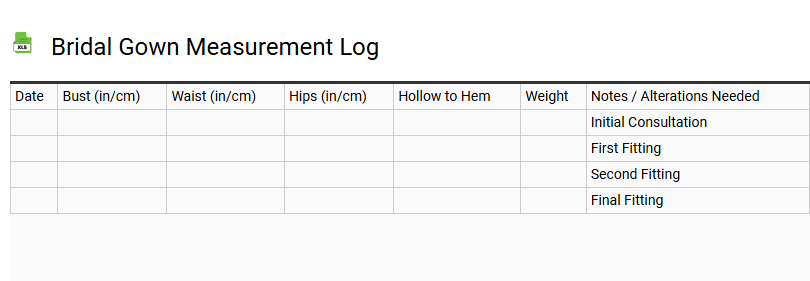 Bridal Gown Measurement Log