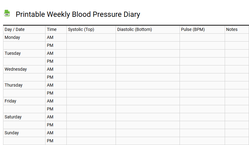 Printable Weekly Blood Pressure Diary