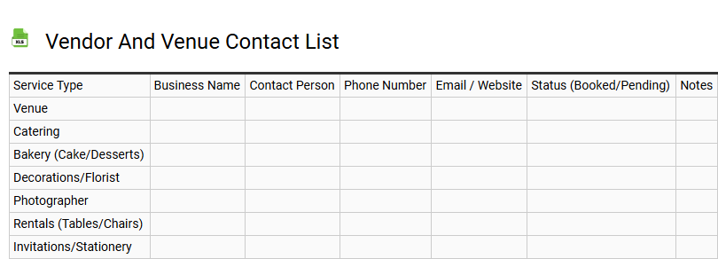 Vendor and Venue Contact List