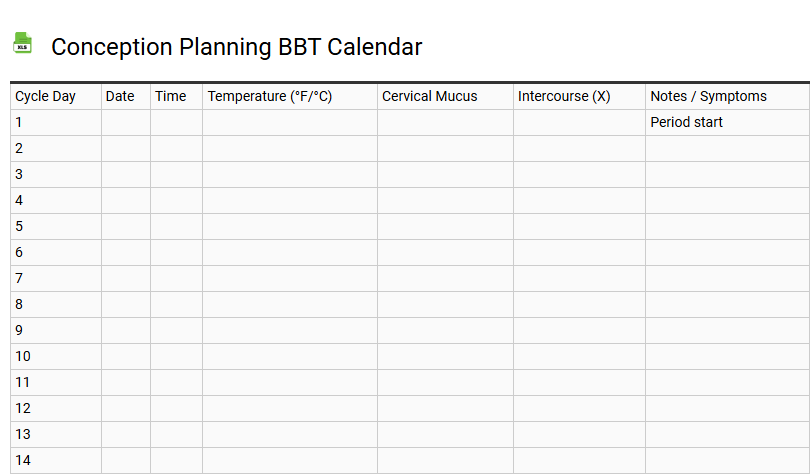 Conception Planning BBT Calendar