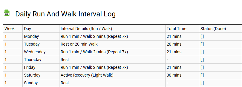 Daily Run and Walk Interval Log