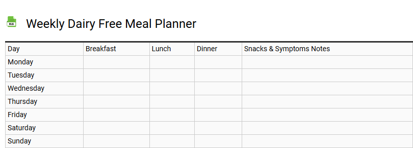 Weekly Dairy Free Meal Planner