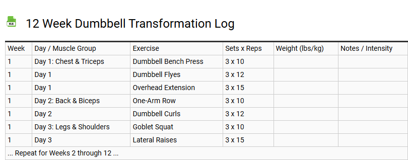 12 Week Dumbbell Transformation Log