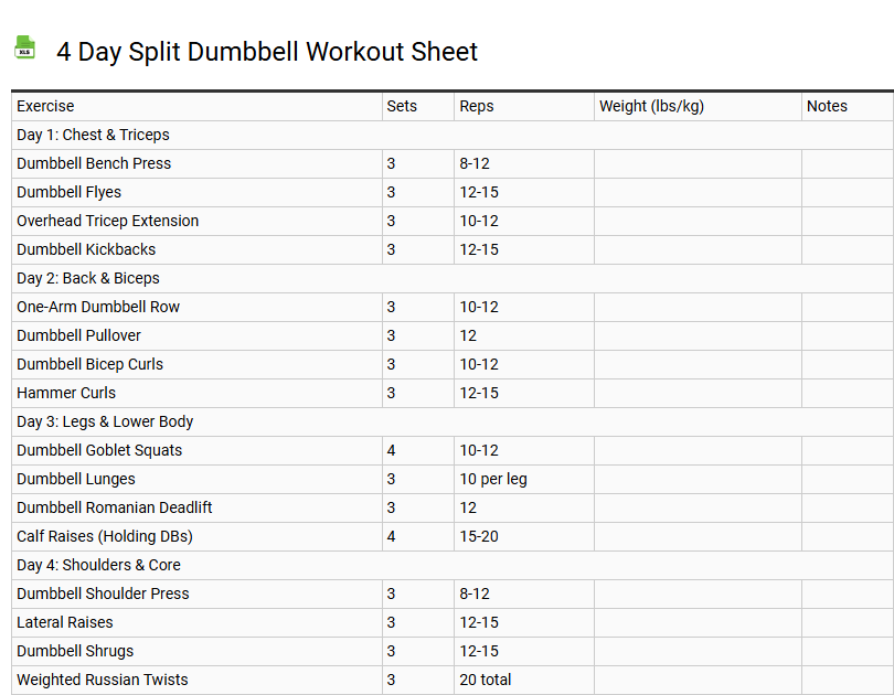 4 Day Split Dumbbell Workout Sheet