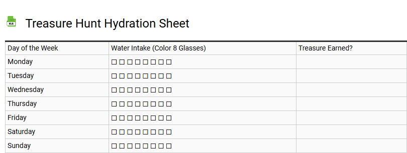 Treasure Hunt Hydration Sheet