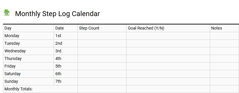 Monthly Step Log Calendar