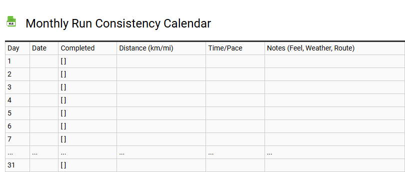 Monthly Run Consistency Calendar