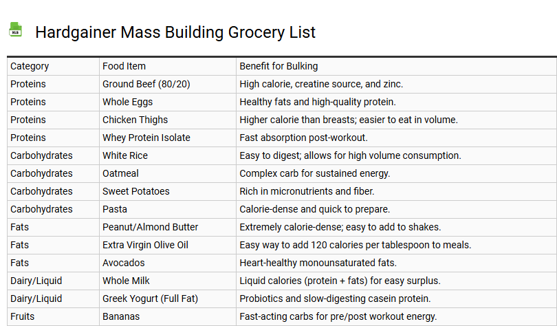 Hardgainer Mass Building Grocery List