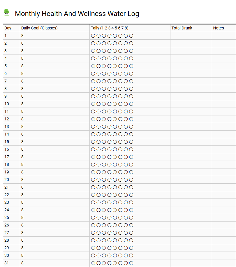 Monthly Health and Wellness Water Log