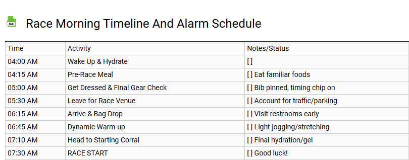 Race Morning Timeline and Alarm Schedule