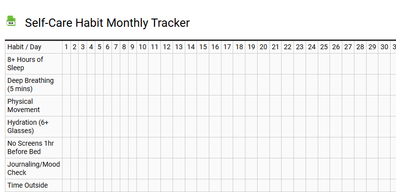 Self-Care Habit Monthly Tracker