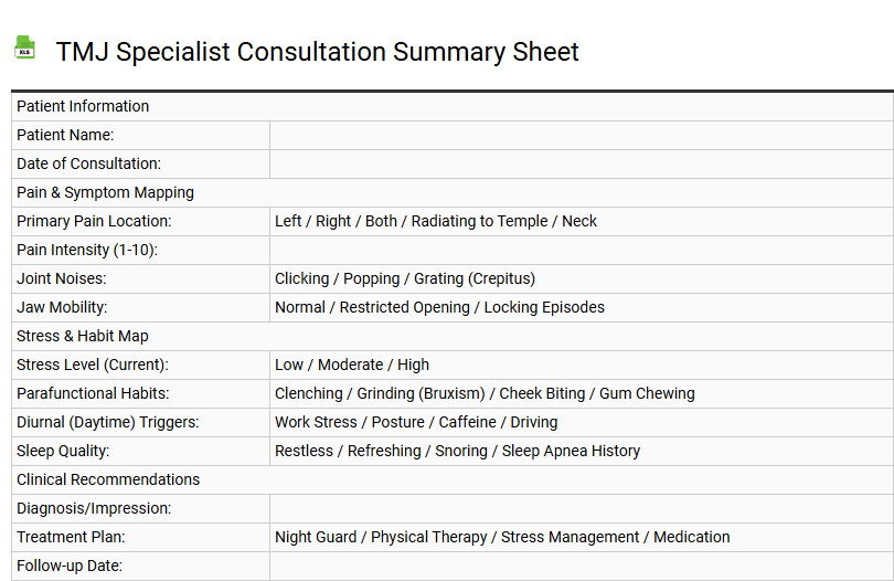 TMJ Specialist Consultation Summary Sheet