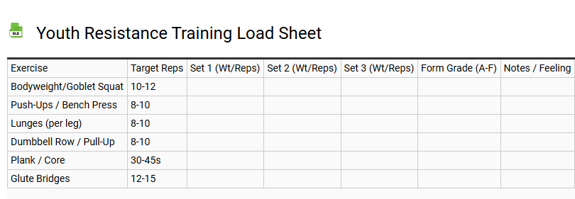 Youth Resistance Training Load Sheet