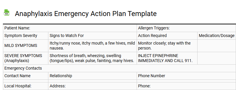 Anaphylaxis Emergency Action Plan Template