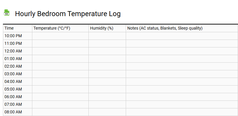Hourly Bedroom Temperature Log