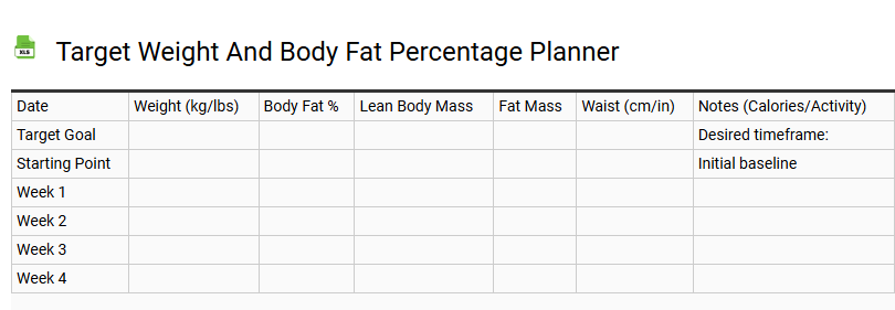 Target Weight and Body Fat Percentage Planner