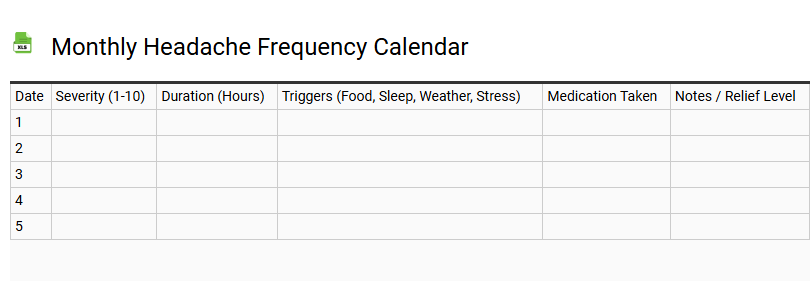 Monthly Headache Frequency Calendar