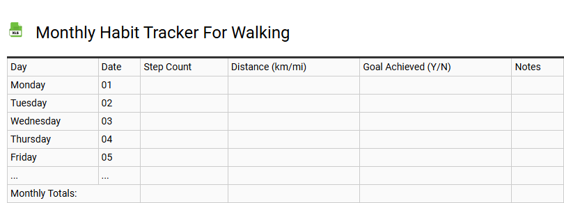Monthly Habit Tracker for Walking