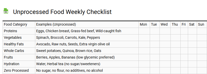 Unprocessed Food Weekly Checklist