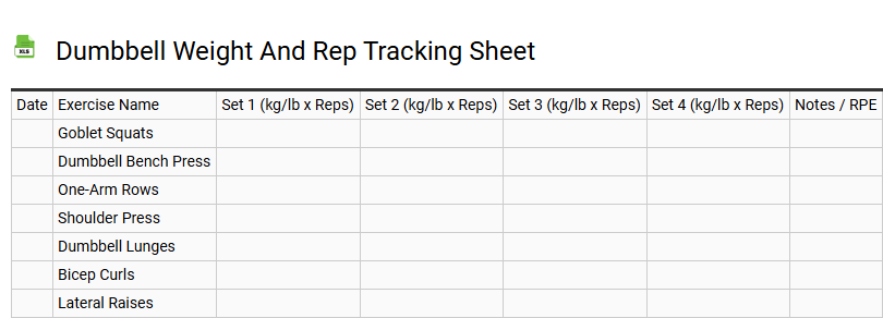 Dumbbell Weight and Rep Tracking Sheet
