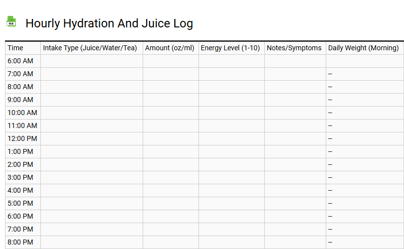 Hourly Hydration and Juice Log