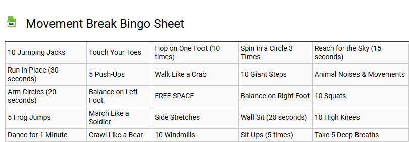 Movement Break Bingo Sheet