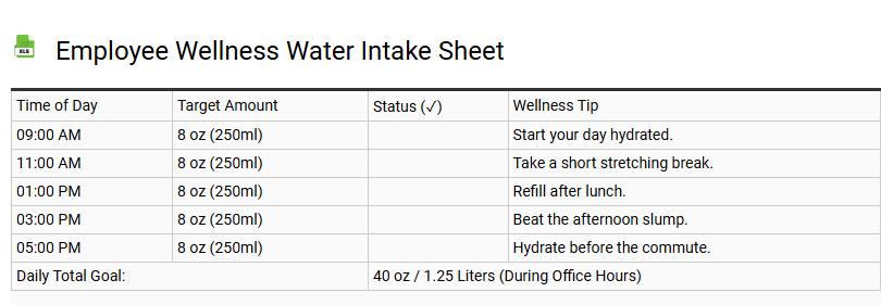 Employee Wellness Water Intake Sheet