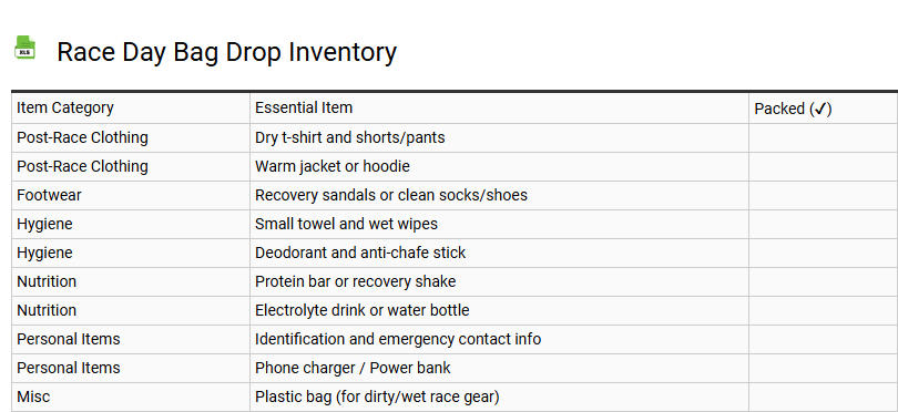 Race Day Bag Drop Inventory