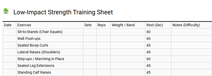 Low-Impact Strength Training Sheet