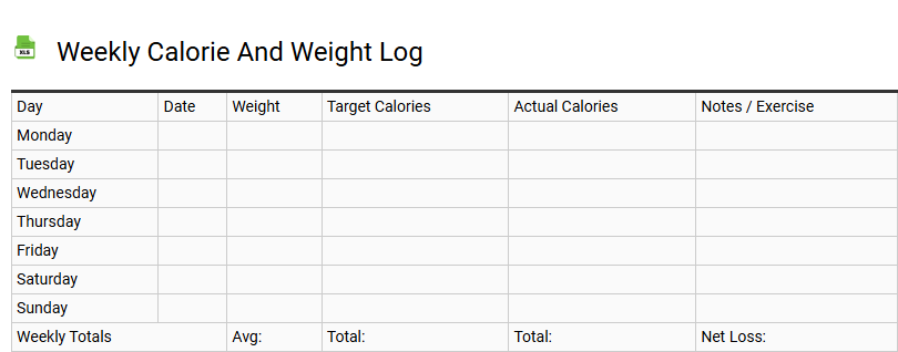 Weekly Calorie and Weight Log