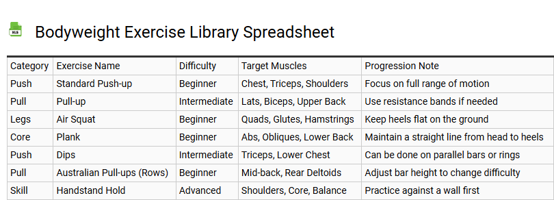 Bodyweight Exercise Library Spreadsheet