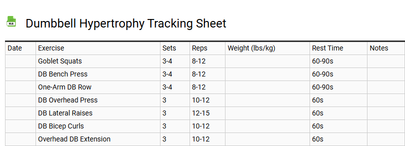 Dumbbell Hypertrophy Tracking Sheet