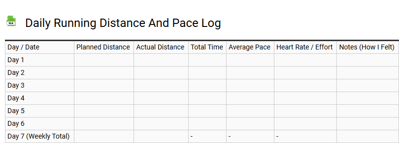 Daily Running Distance and Pace Log