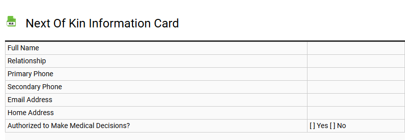 Next of Kin Information Card
