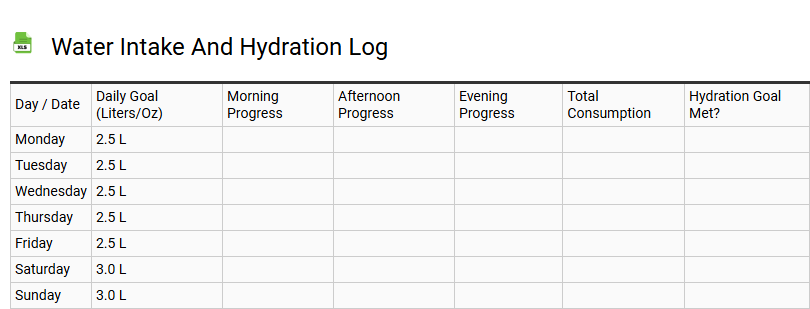 Water Intake and Hydration Log
